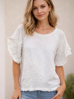 White Ruffle-Sleeve Women's Top - Lightweight Casual Tee Medium